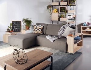 Studio L-Shape Fabric Sofa with Wooden Storage Arm Studio L-Shape Fabric Sofa with Wooden Storage Arm