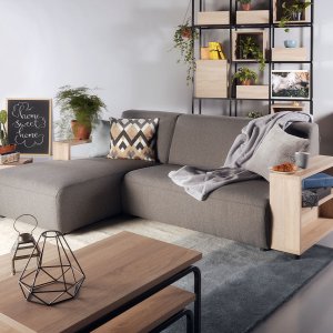 Studio L-Shape Fabric Sofa with Wooden Storage Arm Studio L-Shape Fabric Sofa with Wooden Storage Arm