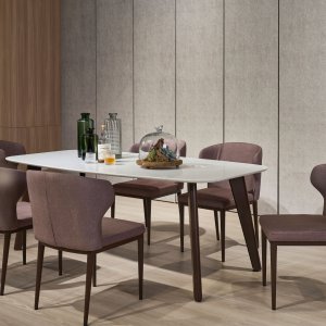Carrara Quartz Top Dining Table 2M With Marble Accents + 6 Wing Dining Chairs Carrara Quartz Top Dining Table 2M With Marble Accents + 6 Wing Dining Chairs