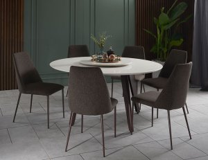 Kay Quartz Top Round Dining Table 1.5m + 6 Henry Dining Chairs