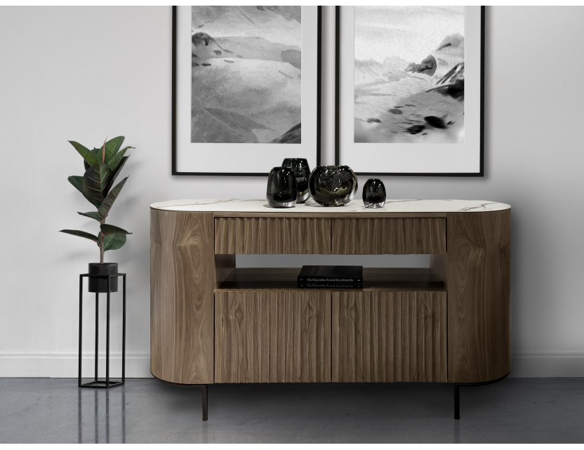 Fluto Sideboard In Walnut With Sintered Stone Top And Steel Legs