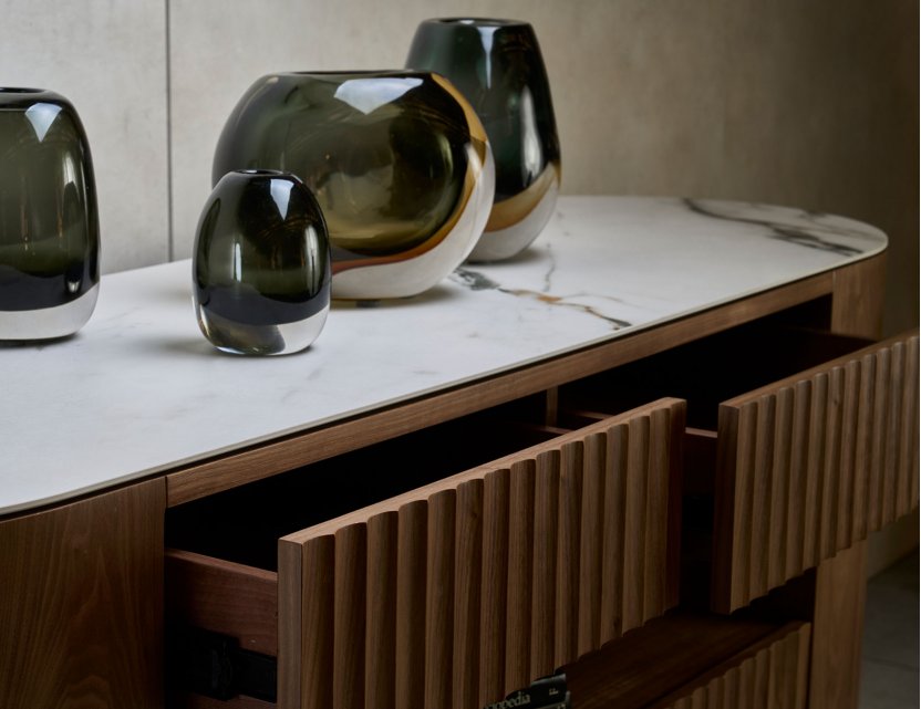 Fluto Sideboard In Walnut With Sintered Stone Top And Steel Legs