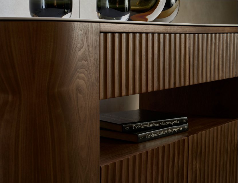 Fluto Sideboard In Walnut With Sintered Stone Top And Steel Legs