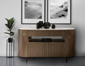 Fluto Sideboard In Walnut With Sintered Stone Top And Steel Legs