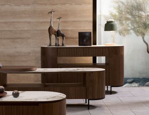 Fluto Sideboard In Walnut With Sintered Stone Top And Steel Legs