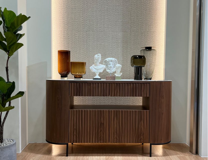 Fluto Sideboard In Walnut With Sintered Stone Top And Steel Legs