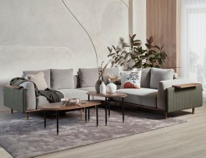 Celadon L-Shape Modular Fabric Sofa With Movable Side Table