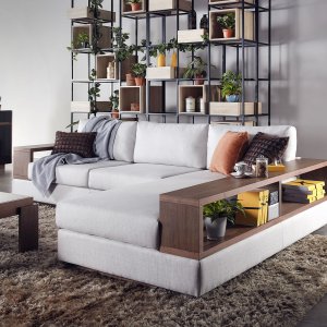 Elda L-Shape Fabric Sofa with Wooden Storage Arm Elda L-Shape Fabric Sofa with Wooden Storage Arm