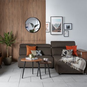 Karl L-Shape Fabric Sofa with Adjustable Headrest and Wooden Storage Arm Karl L-Shape Fabric Sofa with Adjustable Headrest and Wooden Storage Arm