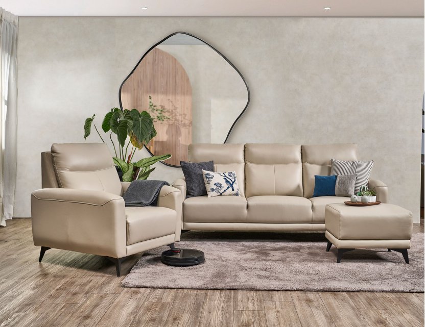 Leo Full Leather Sofa With High Backrest And Modern High Steel Legs