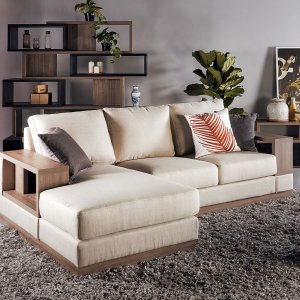 Luceo L-Shape Fabric Sofa with Wooden Storage Arm Luceo L-Shape Fabric Sofa with Wooden Storage Arm